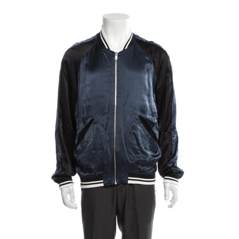 SANDRO Black & Blue Satin Bomber Jacket Large